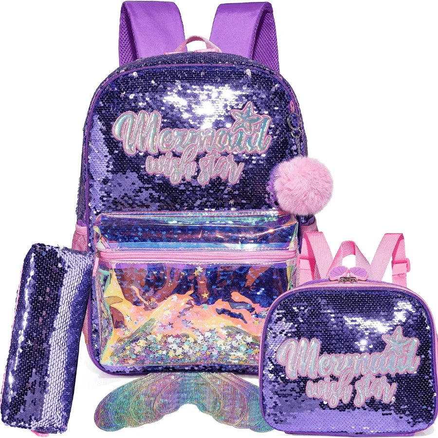 Sac à Dos pour Filles Super Brillant avec Paillettes - Trousse et Boîte à Lunch Offerts - Pour Faire Briller Votre Petite à la Rentrée Scolaire