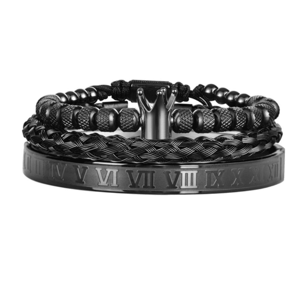 Kit de 3 bracelets masculins; Bracelets The King; Bijoux en acier inoxydable; Bracelets plaqués or et argent; Accessoires de mode pour hommes; Ensemble de bracelets tendance; Bijoux élégants pour hommes; Style masculin moderne; Bracelets de luxe pour lui; Cadeau parfait pour les hommes; Look raffiné avec The King; Mode masculine avec élégance; Kit de bracelets en acier; Bracelets sophistiqués pour toutes les occasions;