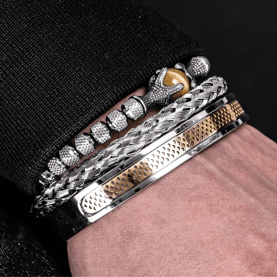 Kit de bracelets masculins; Bracelets pour hommes luxueux; Bijoux élégants pour hommes; Ensemble de bracelets tendance; Style raffiné pour hommes; Bracelets masculins en acier inoxydable; Accessoires de mode pour hommes; Cadeau parfait pour hommes; Bracelets en cuir et métal; Kit de bijoux pour hommes; Accessoires masculins sophistiqués; Mode masculine avec bracelets; Bracelets pour un look chic et moderne; Ensemble de bracelets en or et argent;