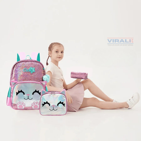 Sac à Dos pour Filles Super Brillant avec Paillettes - Trousse et Boîte à Lunch Offerts - Pour Faire Briller Votre Petite à la Rentrée Scolaire