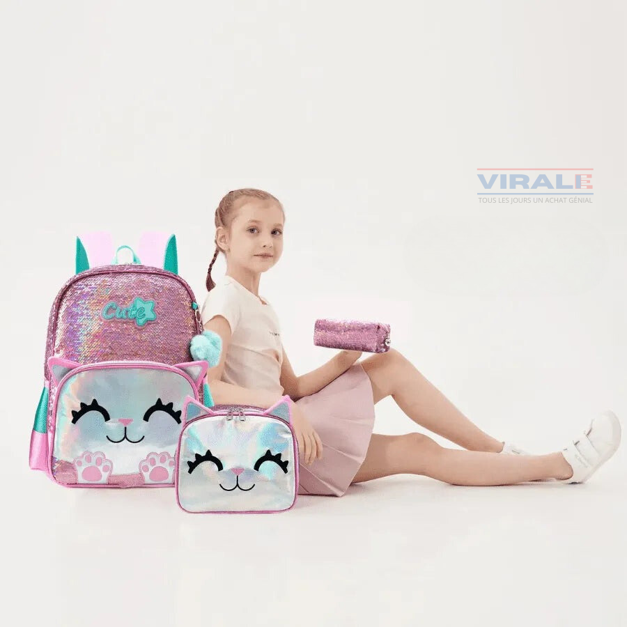 Sac à Dos pour Filles Super Brillant avec Paillettes - Trousse et Boîte à Lunch Offerts - Pour Faire Briller Votre Petite à la Rentrée Scolaire