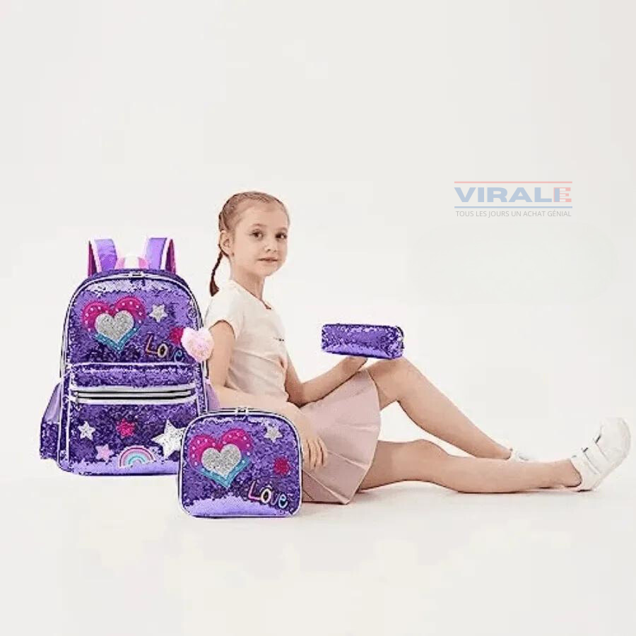 Sac à Dos pour Filles Super Brillant avec Paillettes - Trousse et Boîte à Lunch Offerts - Pour Faire Briller Votre Petite à la Rentrée Scolaire