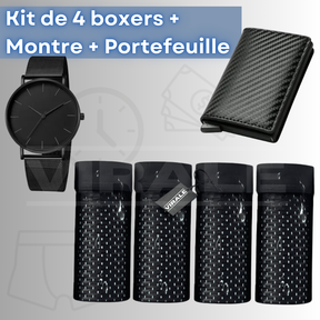 Kit tout noir de 4 Boxers en Fibre de Bambou + Portefeuille + Montre