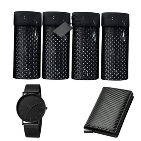 Kit tout noir de 4 Boxers en Fibre de Bambou + Portefeuille + Montre