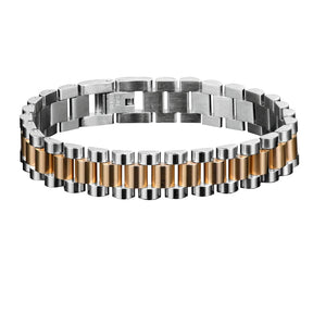 Bracelet Élégance Luxe; Bijou en acier inoxydable doré et argent; Bracelet de luxe pour homme; Accessoire haut de gamme; Bijou raffiné en acier inoxydable; Bracelet plaqué or et argent; Style élégant et sophistiqué; Bijou durable et résistant; Accessoire de mode pour toutes les occasions; Bracelet tendance et moderne; Design intemporel en or et argent; Accessoire chic pour homme et femme; Bracelet qui allie confort et classe; Bijou qui complète votre look; 