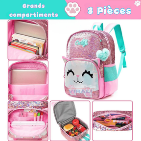 Sac à Dos pour Filles Super Brillant avec Paillettes - Trousse et Boîte à Lunch Offerts - Pour Faire Briller Votre Petite à la Rentrée Scolaire