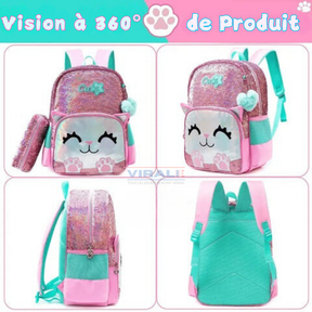 Sac à Dos pour Filles Super Brillant avec Paillettes - Trousse et Boîte à Lunch Offerts - Pour Faire Briller Votre Petite à la Rentrée Scolaire