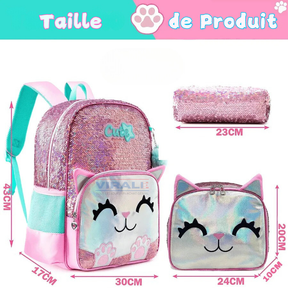 Sac à Dos pour Filles Super Brillant avec Paillettes - Trousse et Boîte à Lunch Offerts - Pour Faire Briller Votre Petite à la Rentrée Scolaire