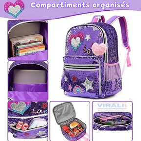 Sac à Dos pour Filles Super Brillant avec Paillettes - Trousse et Boîte à Lunch Offerts - Pour Faire Briller Votre Petite à la Rentrée Scolaire