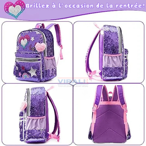 Sac à Dos pour Filles Super Brillant avec Paillettes - Trousse et Boîte à Lunch Offerts - Pour Faire Briller Votre Petite à la Rentrée Scolaire