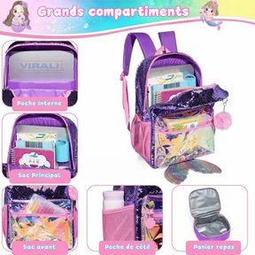 Sac à Dos pour Filles Super Brillant avec Paillettes - Trousse et Boîte à Lunch Offerts - Pour Faire Briller Votre Petite à la Rentrée Scolaire