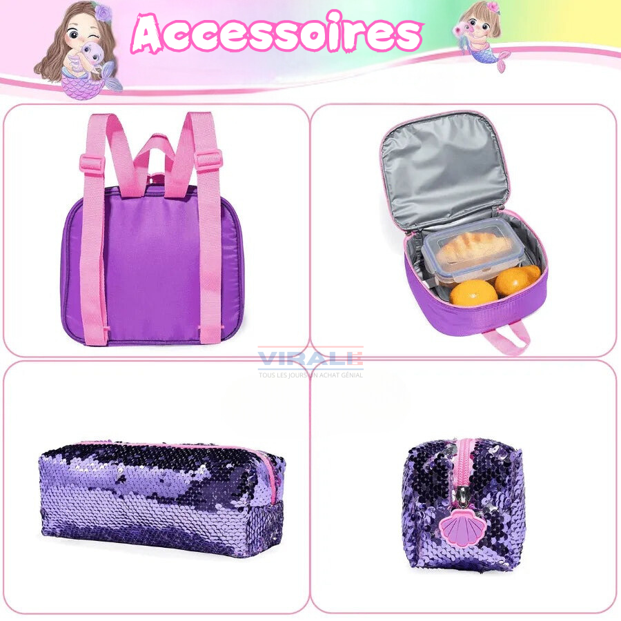 Sac à Dos pour Filles Super Brillant avec Paillettes - Trousse et Boîte à Lunch Offerts - Pour Faire Briller Votre Petite à la Rentrée Scolaire