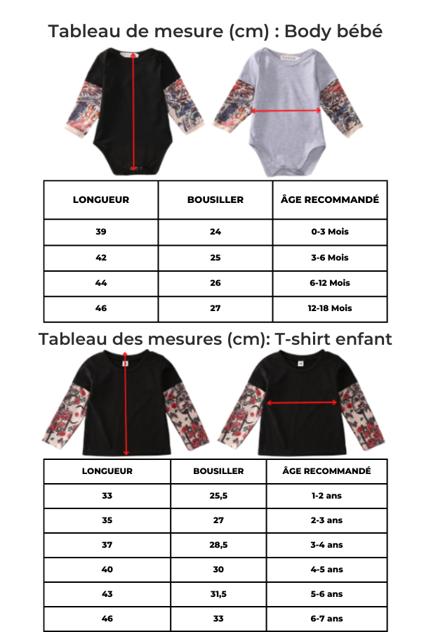 T-shirt / Body avec Faux Tatouage pour Enfants et Bébés - TATOUAGE BÉBÉ Amusant et Confortable