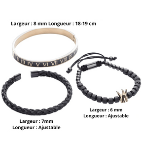 Kit de 3 bracelets masculins; Bracelets The King; Bijoux en acier inoxydable; Bracelets plaqués or et argent; Accessoires de mode pour hommes; Ensemble de bracelets tendance; Bijoux élégants pour hommes; Style masculin moderne; Bracelets de luxe pour lui; Cadeau parfait pour les hommes; Look raffiné avec The King; Mode masculine avec élégance; Kit de bracelets en acier; Bracelets sophistiqués pour toutes les occasions;